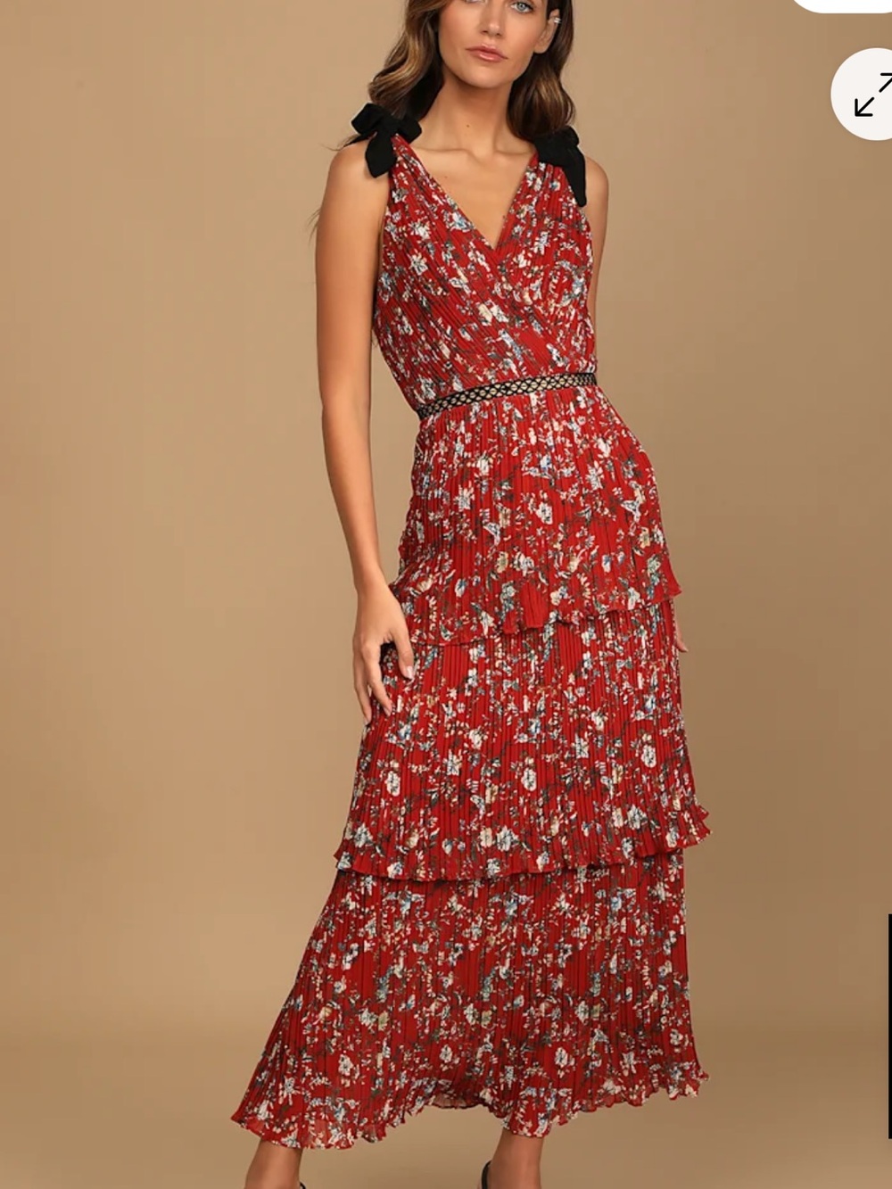 Lulu's Red Floral Tiered Maxi with Black Tie Straps
